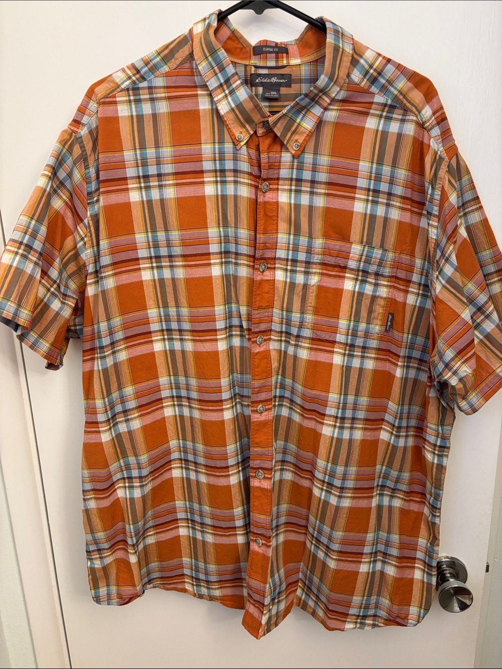 Eddie Bauer Orange Plaid Short-Sleeve Button-Down Shirt with Blue Accents